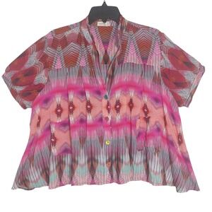 Papel Craft Casa Womens Multicolor Geometric Print Button Up Short Sleeve Blouse